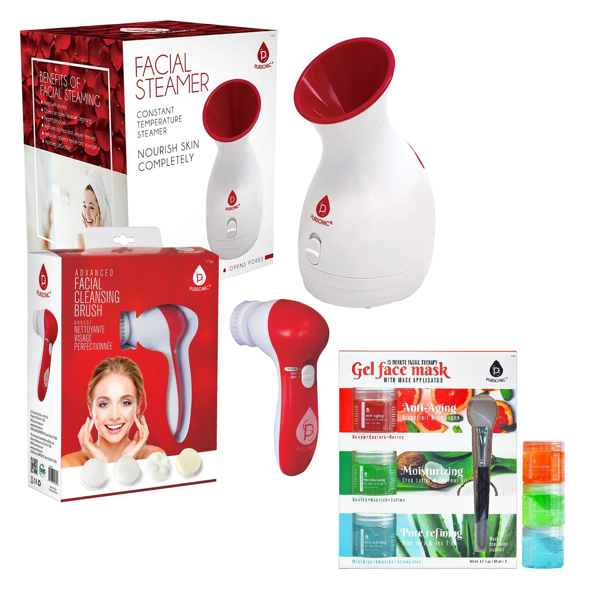 Pursonic Spa Facial Care Bundle: Facial Steamer, Cleansing Brush, & Gel Face Masks