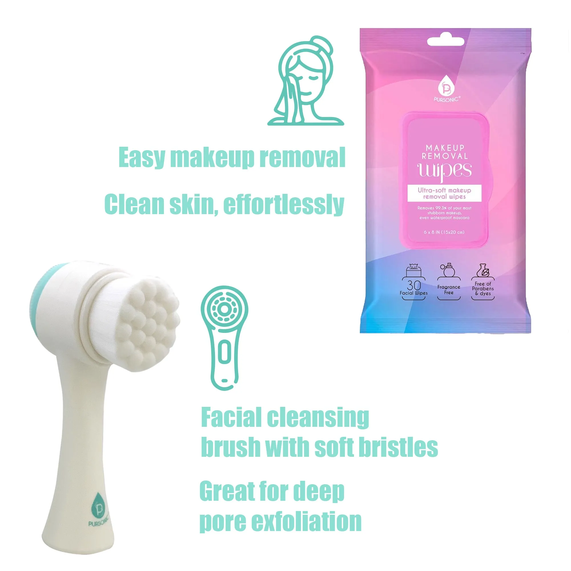 Radiant Beauty Bundle: Dual Sided Facial Cleansing Brush & Makeup Removal Wipes (12 Pack)