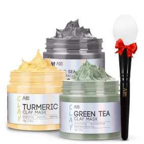 Turmeric Clay Mask, Green Tea and Dead Sea Minerals, Spa Facial Mask Set 2.5 oz each